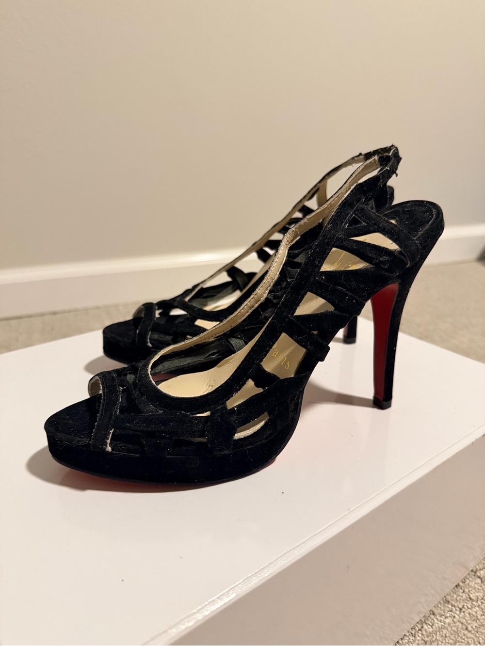 Christian Louboutin Nuit D’Ete Black Suede Peep Lattice Slingback Heels